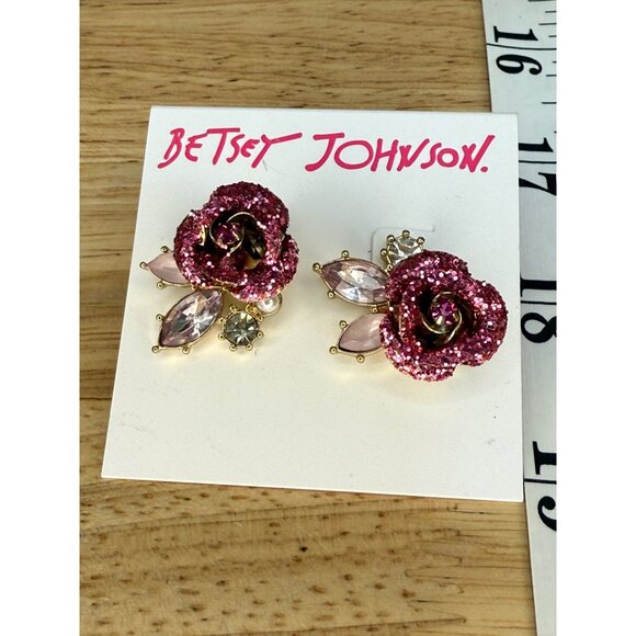 Betsey Johnson Rose Crystal Stud Earrings With Pink Glitter Accents & Gold-Tone - Picture 12 of 13